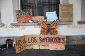 Xalapa, Ver., 25 de abril de 2024.- Ambientalistas se manifestaron en el Palacio Municipal para exigir al Ayuntamiento cancelar la instalacin de 6 ?superpostes? en Circuito Presidentes.
