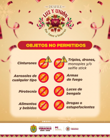 Xalapa, Ver., 19 de diciembre de 2025.- La Secretar�a de Seguridad P�blica dio a conocer a quienes asistir�n al desfile navide�o ?Luz y Uni�n: Por Amor a Veracruz? la lista de los objetos permitidos y prohibidos.