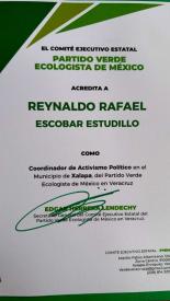 Xalapa, Ver., 6 de marzo de 2026.- Este jueves, el dirigente estatal del Partido Verde, �dgar Lendechy Herrera (d), le tom� protesta a Reynaldo Escobar Estudillo como coordinador de activismo pol�tico del PVEM en esta ciudad capital.
