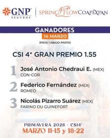 El pasado 14 de marzo, Jos� Antonio Chedraui obtuvo el triunfo del CSI 4* Gran Premio en el Spring Flow Coapexpan 2026, mientras que Federico Fern�ndez qued� en 2� lugar y Nicol�s Pizarro Su�rez en 3�.