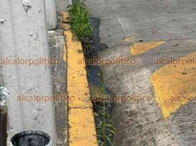 Xalapa, Ver., 14 de abril de 2026.- En la avenida Murillo Vidal, brotan aguas negras de una alcantarilla. Van dejando pestilencia a su paso.