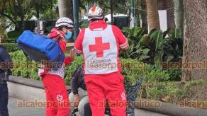 Xalapa, Ver., 21 de agosto de 2026.- Una mujer de la tercera edad resultó con herida en la cabeza al sufrir caída cuando bajaba escalinatas del Parque Juárez. Paramédicos de la Cruz Roja Mexicana le brindaron los primeros auxilios y luego la trasladaron a un hospital.
